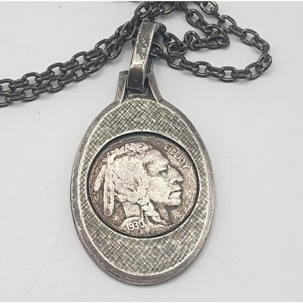Vintage 1930 Indian Head Nickel Silver Pendant Necklace with Chain Jewelry